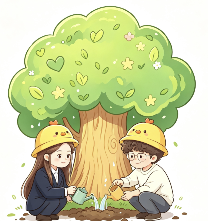 一棵树组爸妈欢迎新生的插画