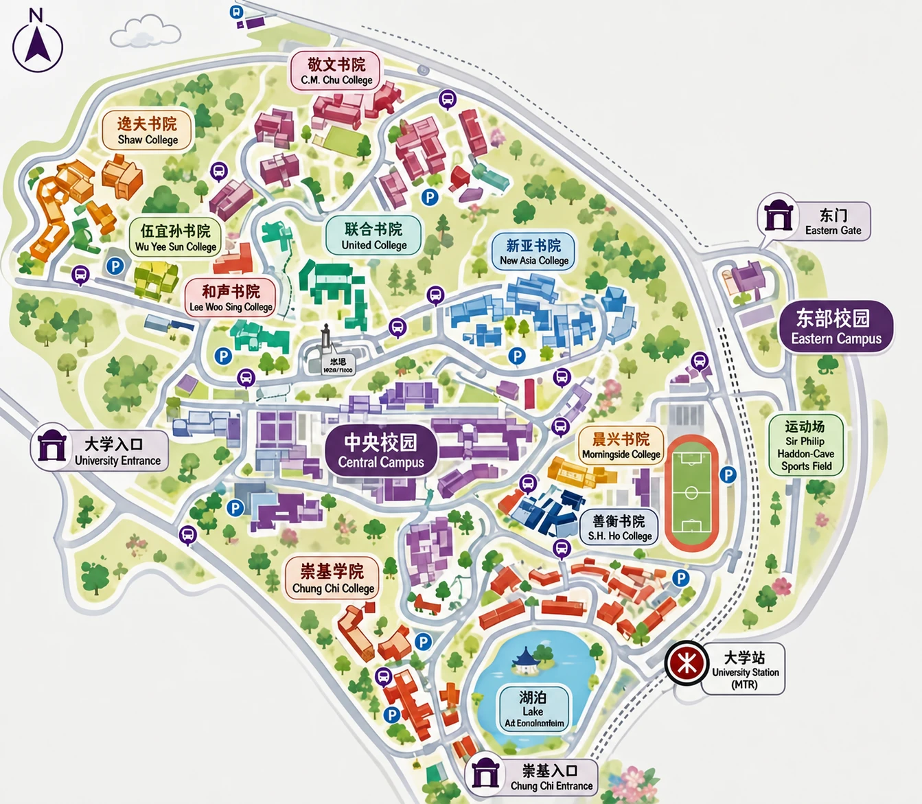 香港中文大学校园探索地图,七个小组坐标分布于未圆湖、蒙民伟楼、大学图书馆、联合书院、天人合一、崇基学院及大学书店